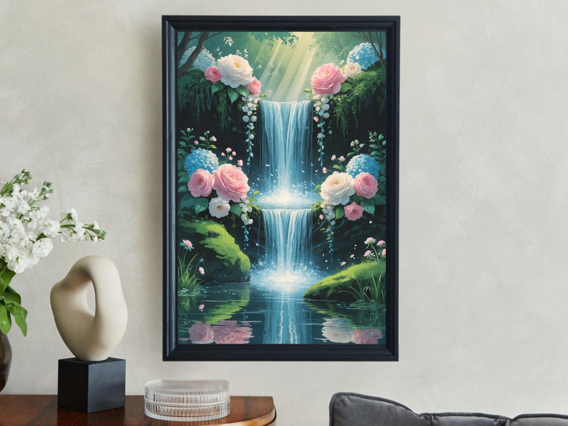 Blooming Rose Framed Waterfall Glowing Cascades Garden Art Print