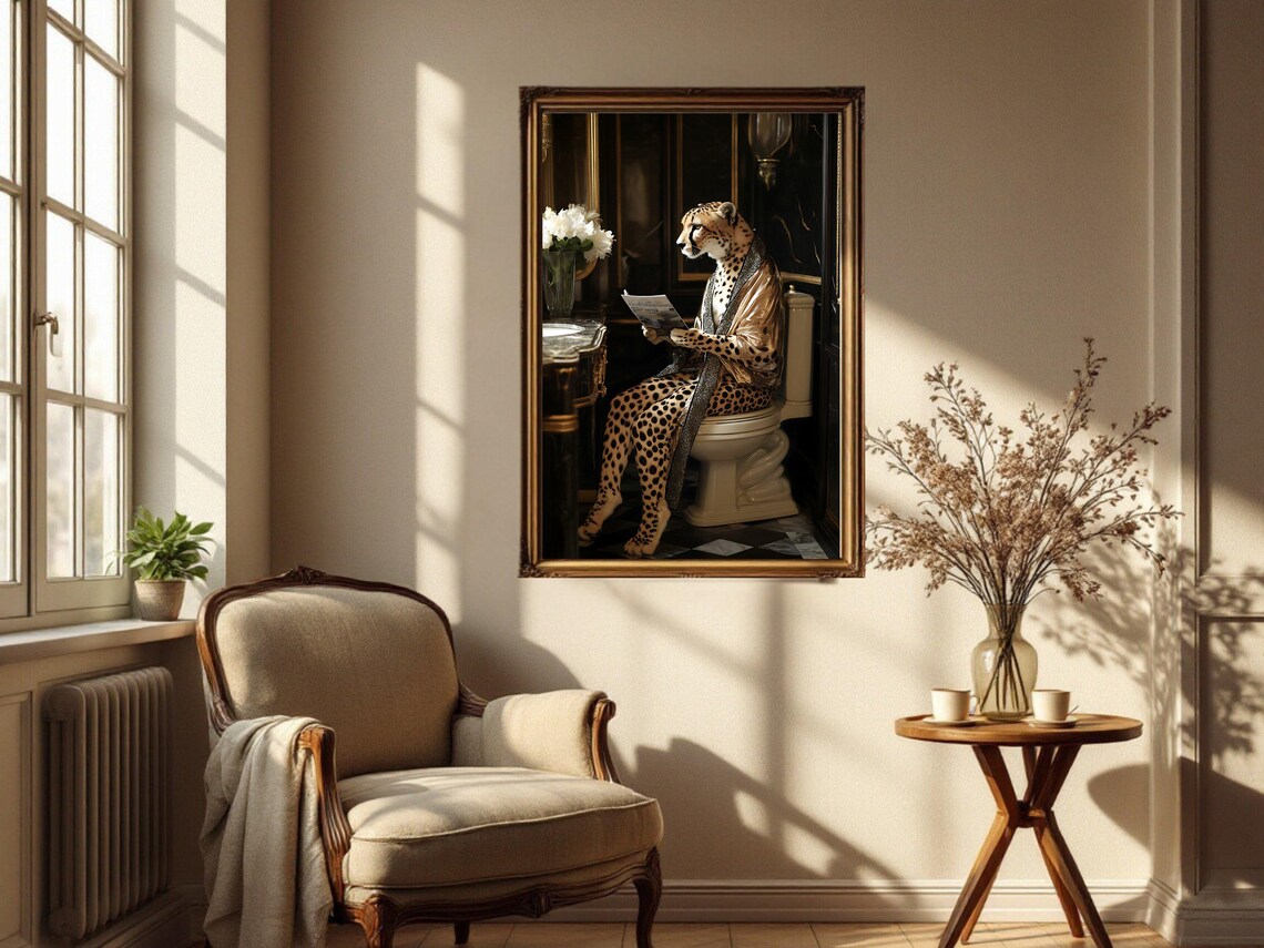 Elegant Cheetah in a Bathrobe Reading a Magazine on Toilet Poster - Image 4