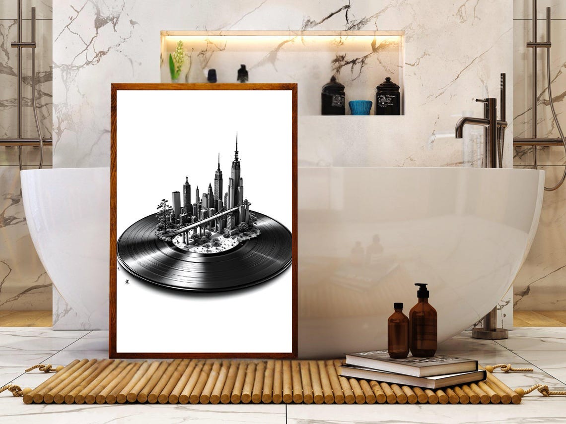 Miniature City Skyline On Vinyl Record Black White Music Poster - Image 4