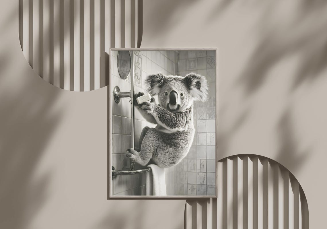 Koala Climbing a Shower Pole Holding Soap Black and White Poster