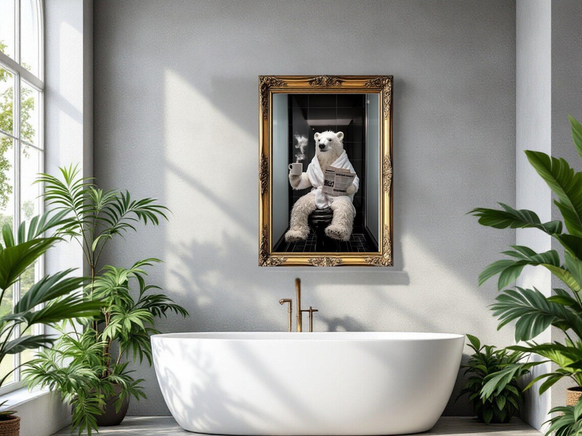 Polar Bear in a White Bathrobe With Coffee Reading the Newspaper Poster - Image 3