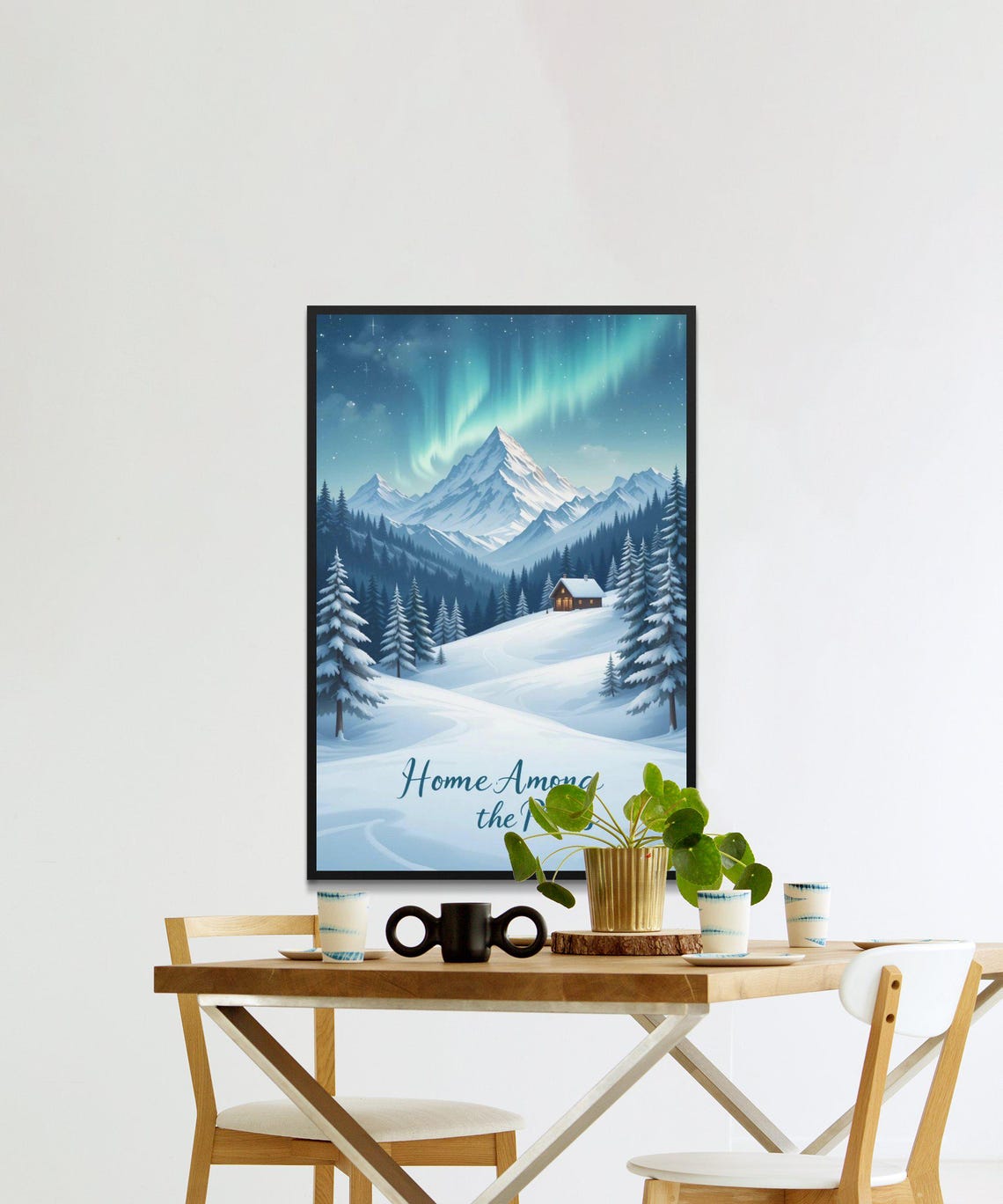 Home Among The Pines Winter Cabin Under Aurora Landscape Poster - Image 2