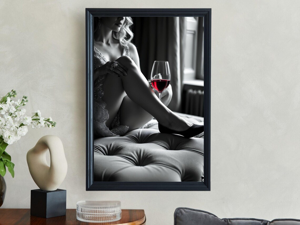 Woman in Lace Holding a Glass of Red Wine in Monochrome Poster - Image 4
