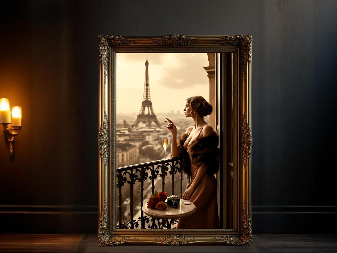 Woman on Paris Balcony with Eiffel Tower View and Champagne Poster