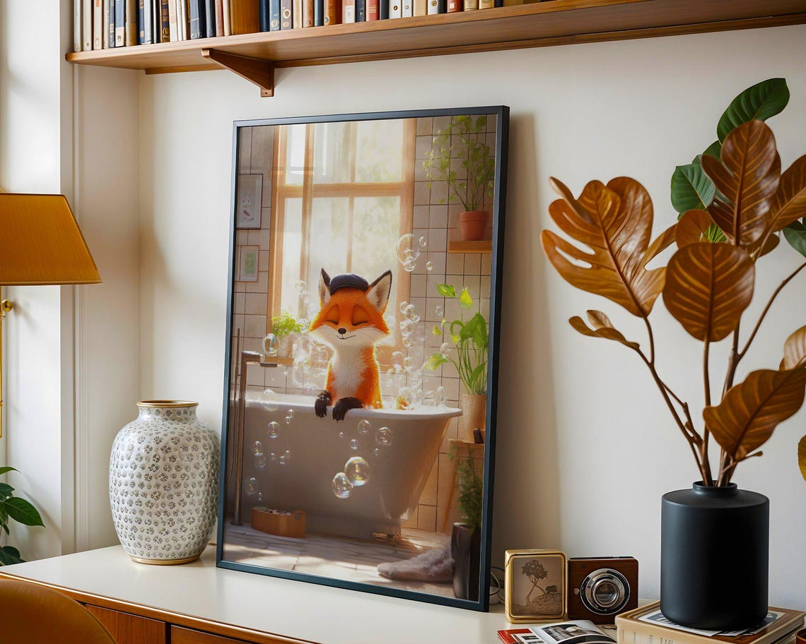 Happy Cartoon Fox in a Bubble Bath Sunny Bathroom Decor Poster - Image 4
