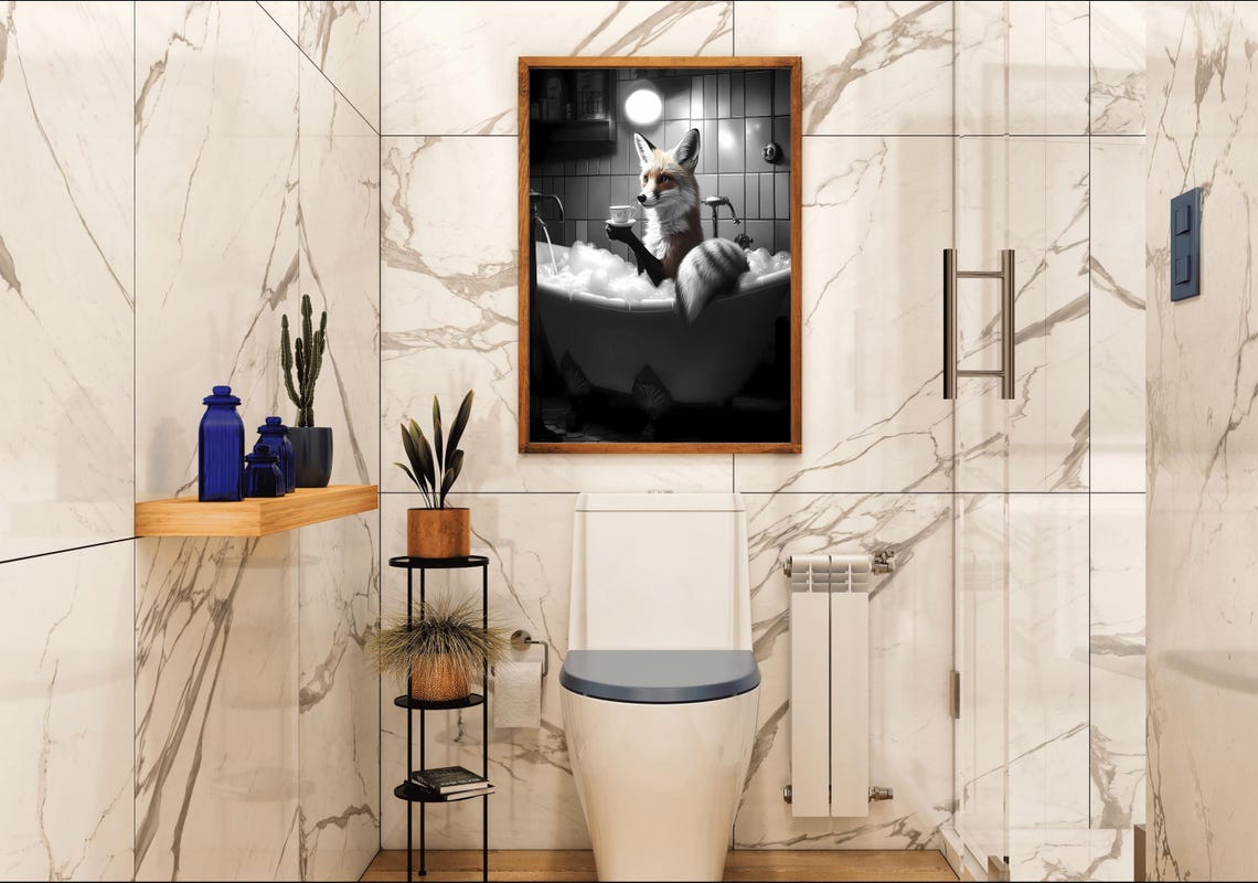 Fox Sipping Tea in a Bubble Bath Black and White Whimsical Poster - Image 4
