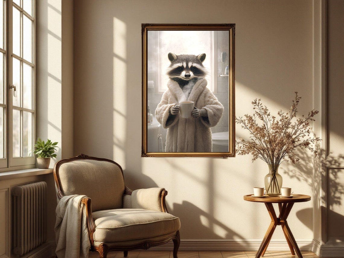 Cozy Raccoon in a Fluffy Bathrobe Holding a Hot Cup of Coffee Poster - Image 4