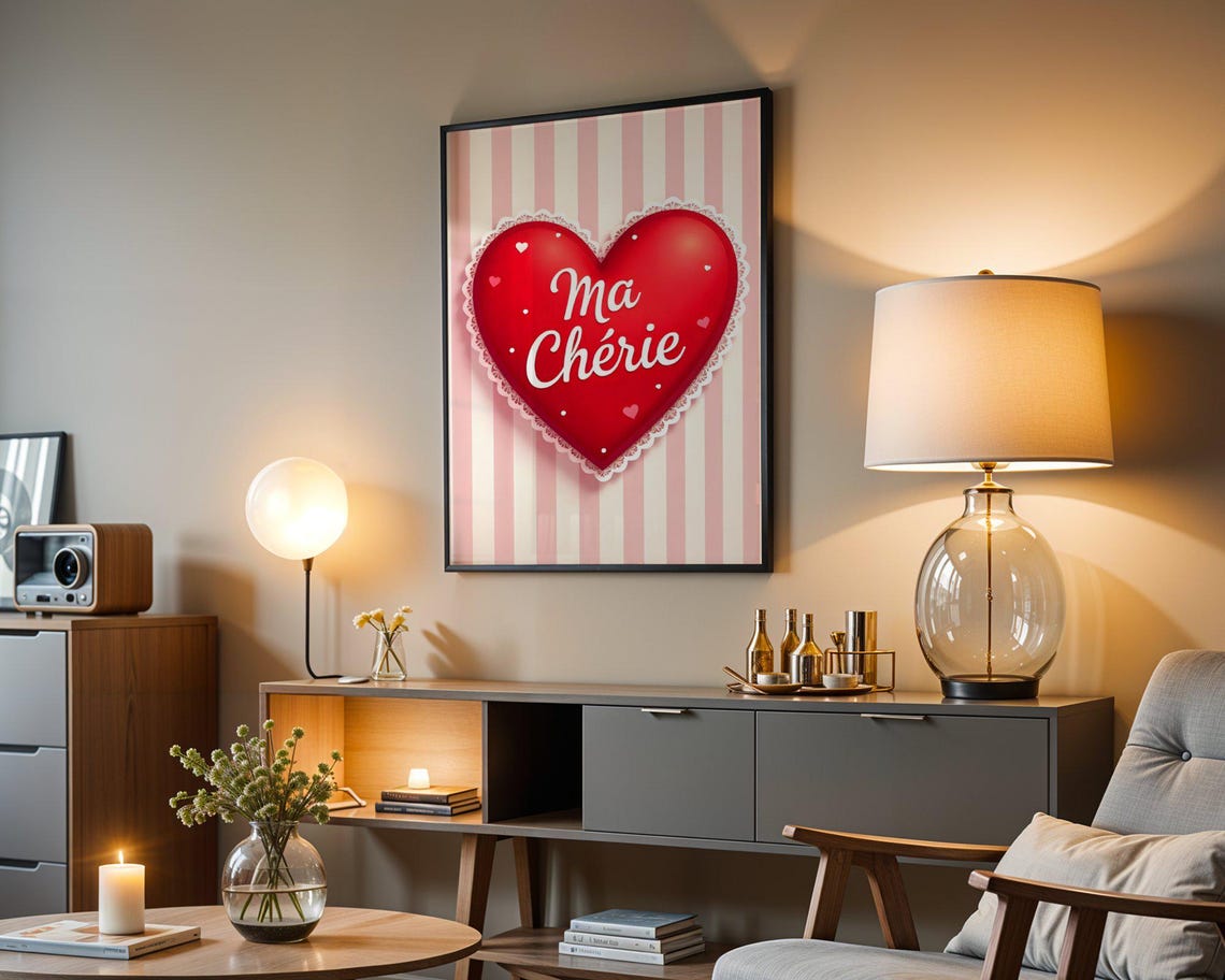 Ma Cherie Red Heart on Pink Stripes Romantic Love Valentine Poster - Image 3