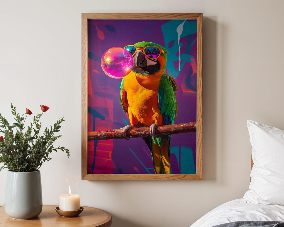 Cheerful Parrot Blowing Pink Bubblegum Bubble With Sunglasses Poster