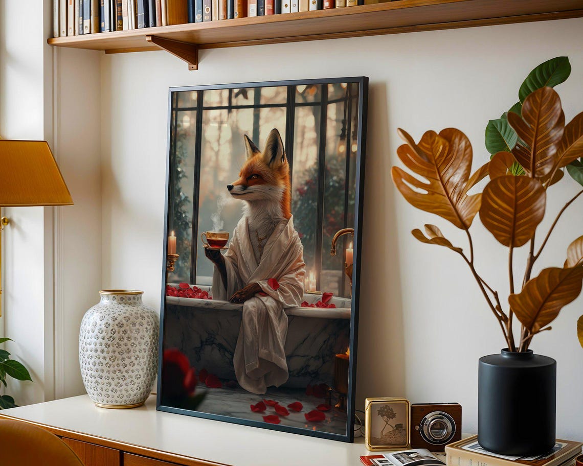 Elegant Fox in a Bathrobe Sipping Hot Tea on a Marble Bathtub Poster - Image 4