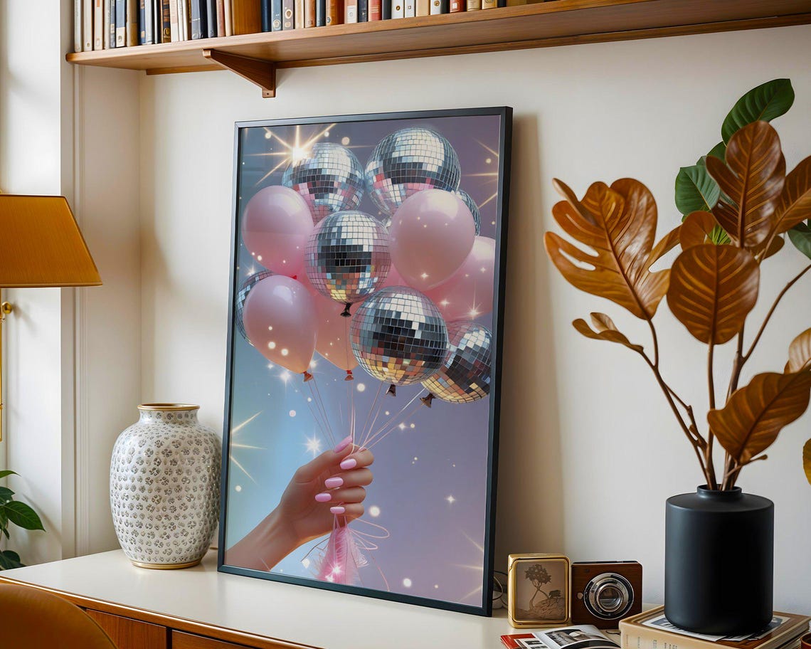 Hand Holding Disco Ball And Pink Balloon Bouquet Celebration Poster - Image 5