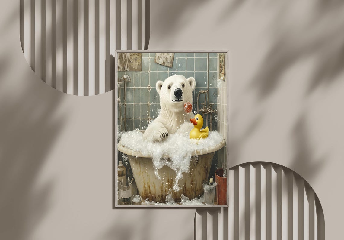 Polar Bear Splashing in a Vintage Bubble Bath with Rubber Duck Poster
