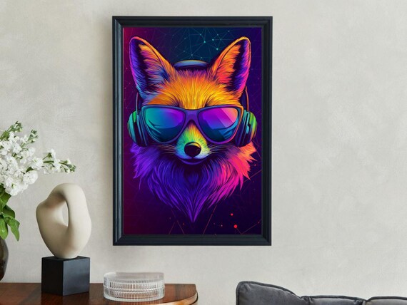 Neon Pop Art Fox with Headphones and Sunglasses Colorful Poster