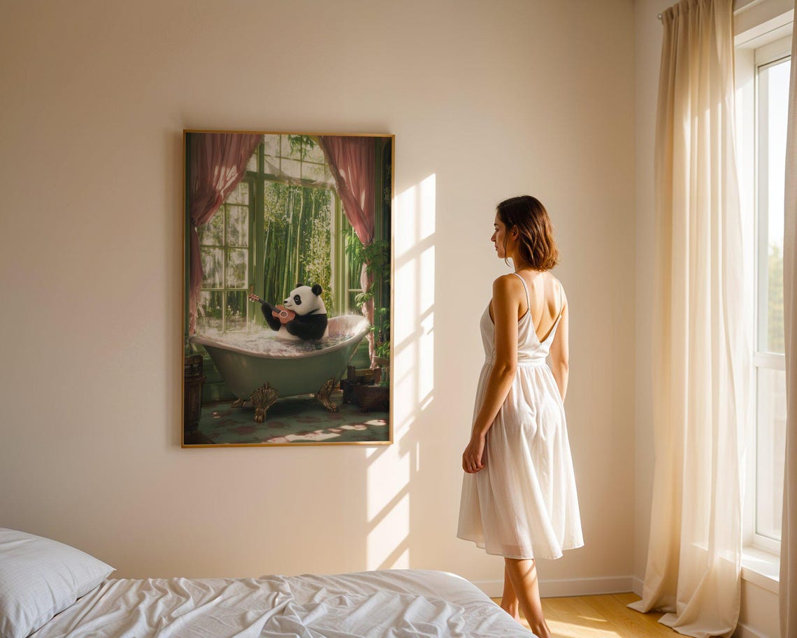 Panda Playing Ukulele in a Green Bathtub with Bamboo View Poster - Image 3