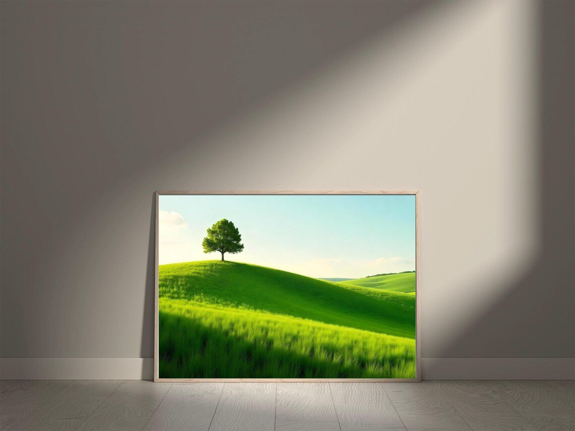 Tranquil Green Hill With Lone Tree Wall Art Serene Landscape Painting Peaceful Nature Scene Calming Green Field Artwork - Image 5