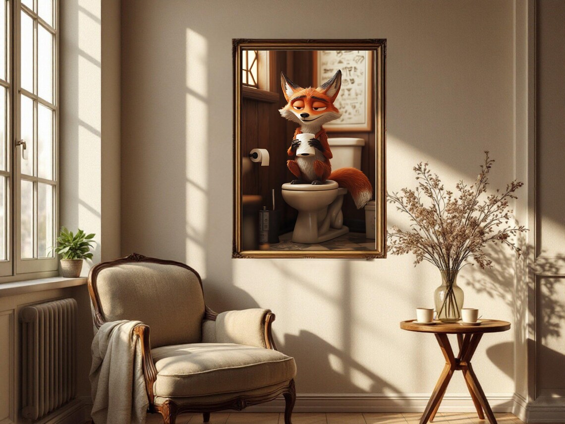 Cute Fox Sitting On Toilet Holding Toilet Paper Funny Bathroom Poster - Image 4