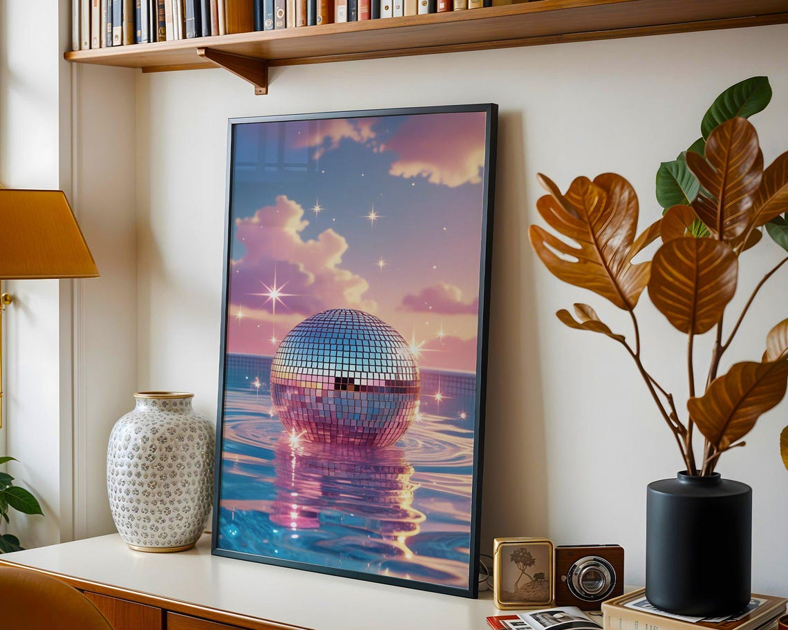 Retro Sunset Disco Ball Art Print Reflective Mirror Ball Wall Decor Colorful Sunset Sky Print Sparkling Poolside Poster - Image 5