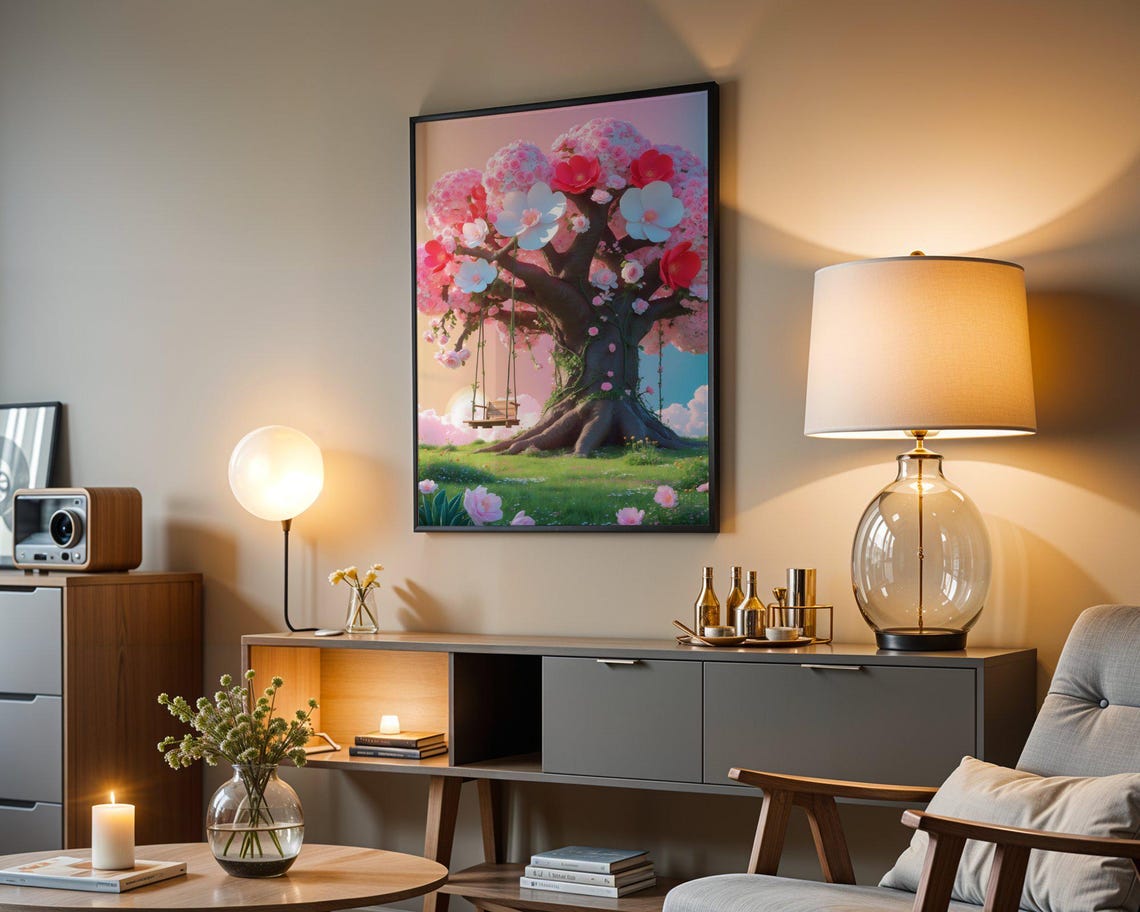 Blossoming Cherry Tree With A Wooden Swing Over A Sunny Meadow Poster - Image 3