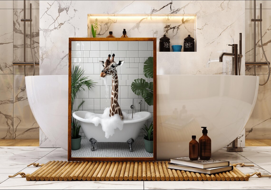 Giraffe Taking a Bubble Bath in a Clawfoot Tub Color Photography Poster - Image 5