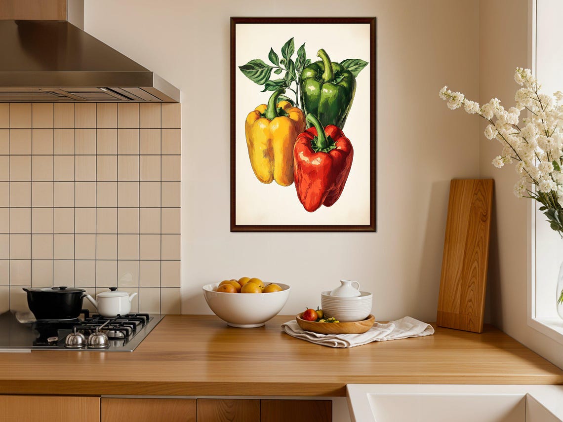 Colorful Bell Peppers Trio Botanical Vegetable Kitchen Poster - Image 4