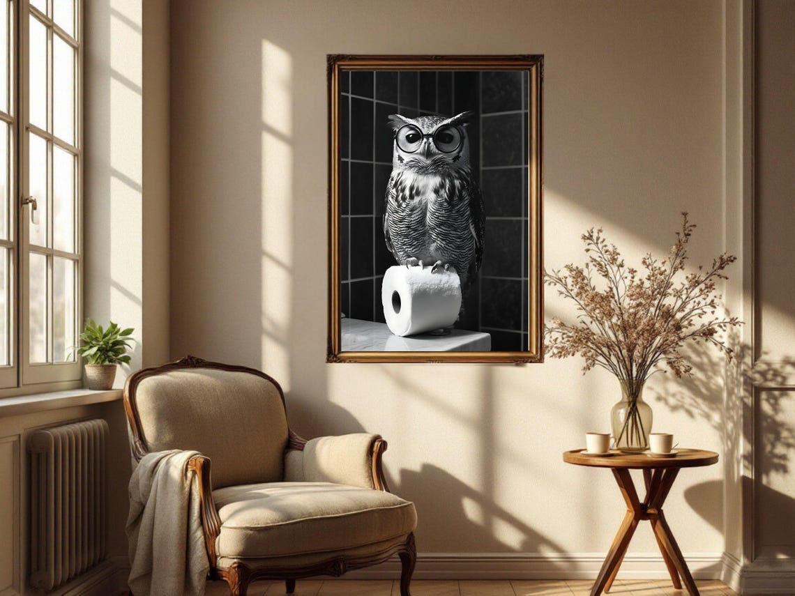 Wise Owl with Round Glasses Perched on Toilet Paper Roll Poster - Image 4