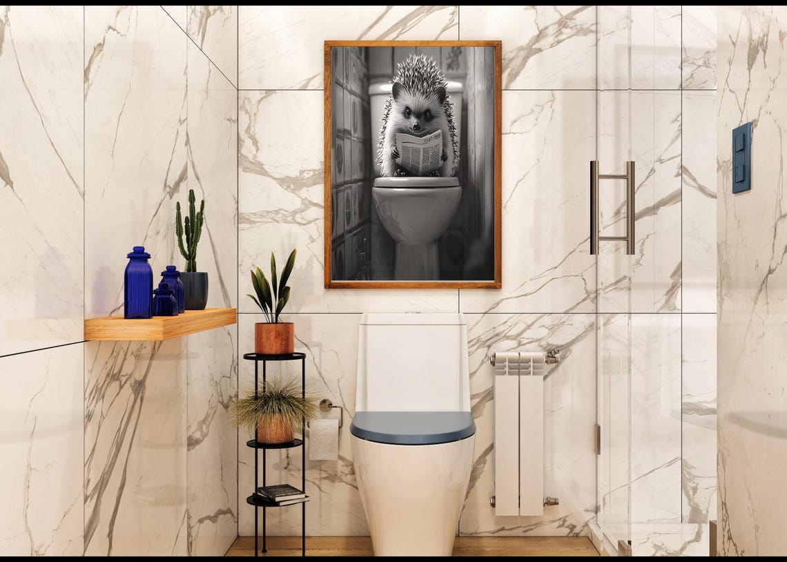 Hedgehog Sitting On Toilet Reading Newspaper Black And White Poster - Image 2