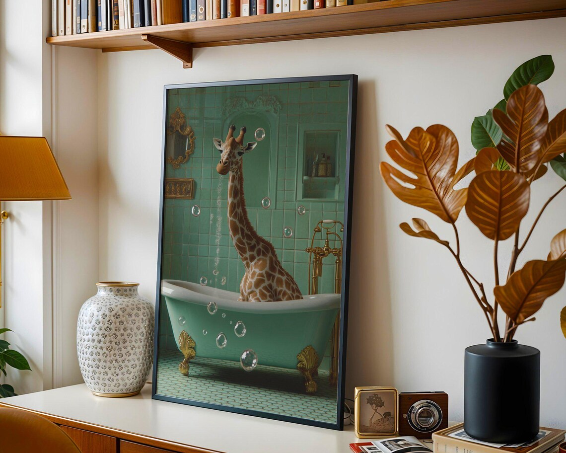 Giraffe Standing in Bathtub With Bubbles Teal Bathroom Poster - Image 4