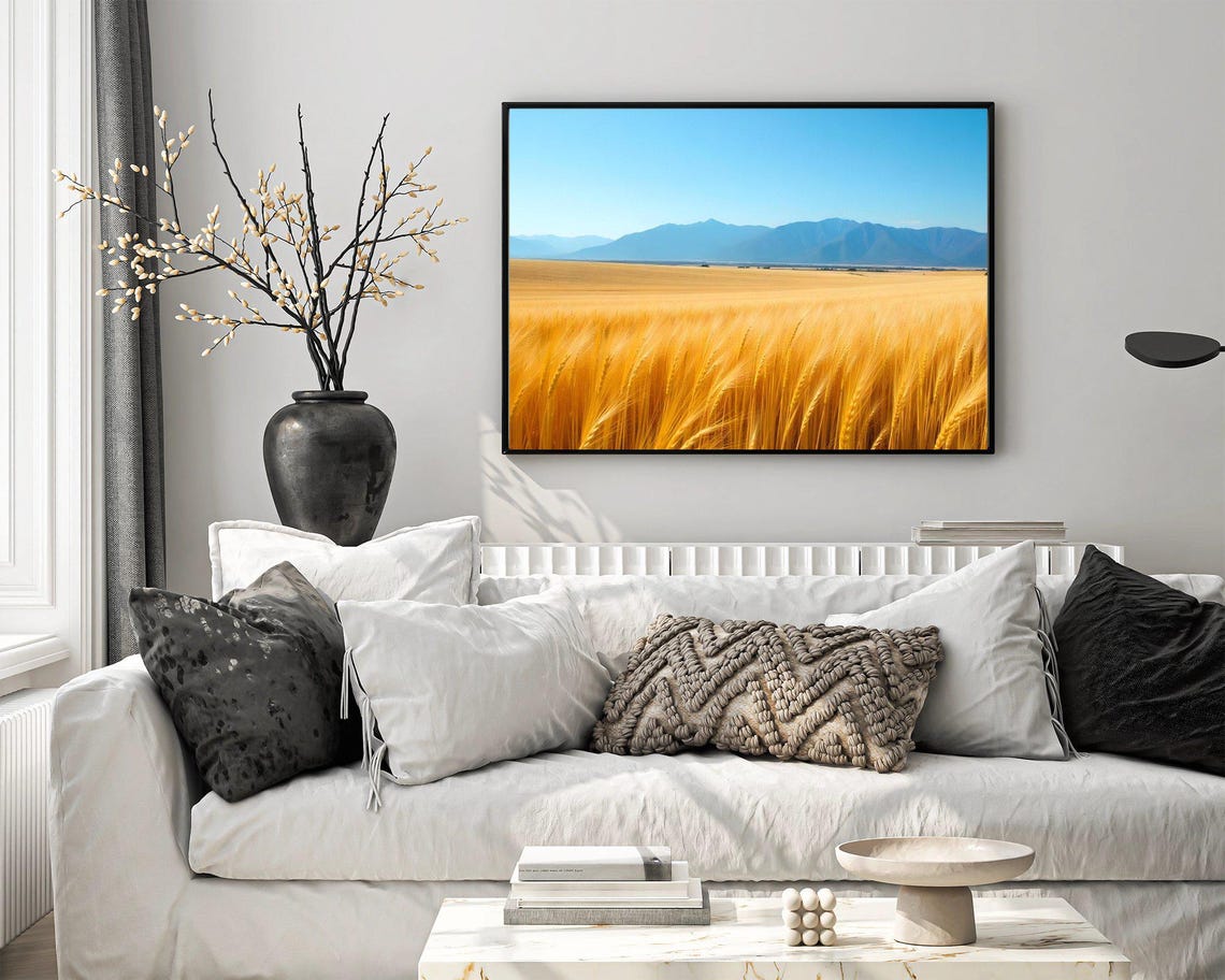 Golden Wheat Field Landscape Poster With Blue Mountain Vista - Image 4
