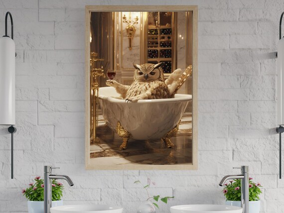 Elegant Owl In Bathtub Wine Wall Art Quirky Animal Decor Owl Bathroom Art Luxury Wall Prints Humorous Home Art Unique Bird Illustration