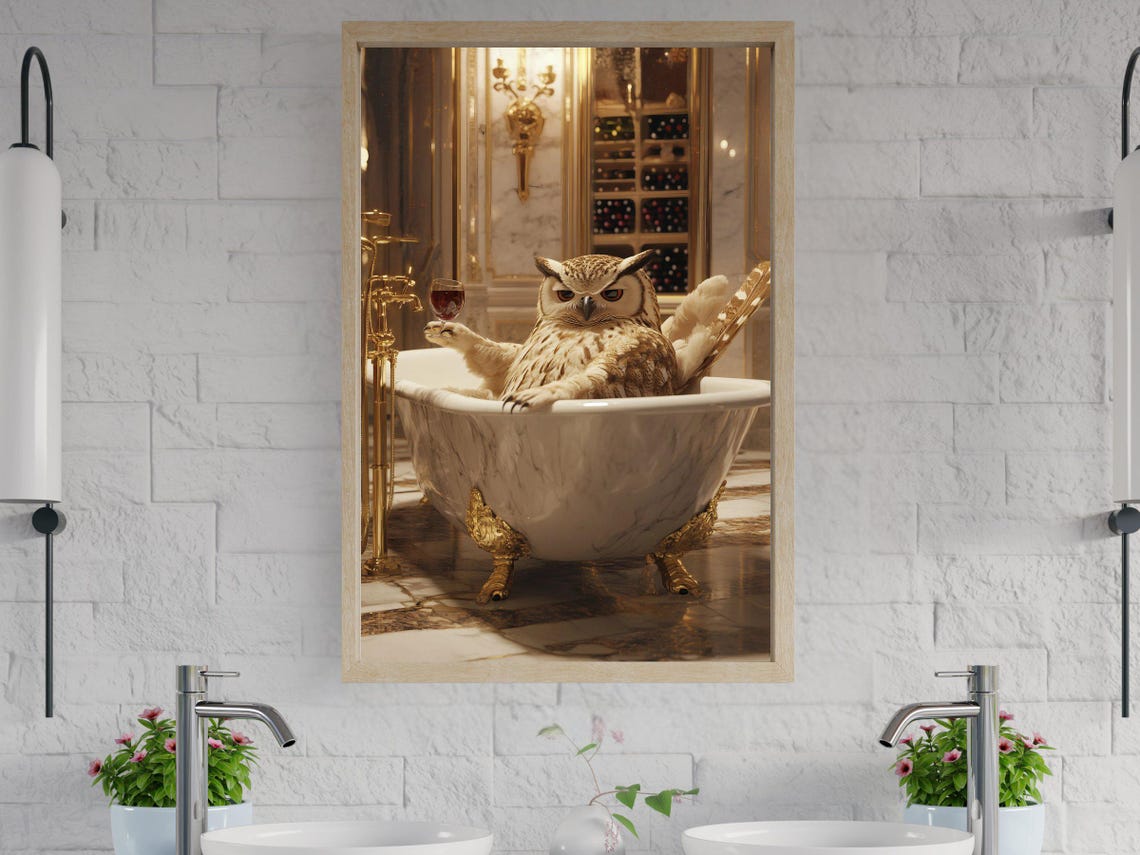 Owl Relaxing in Marble Bathtub Holding Wine Glass Art Poster
