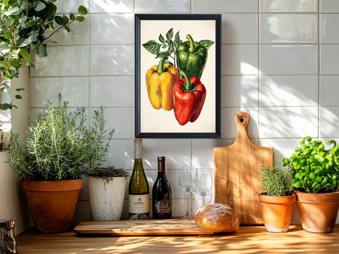 Colorful Bell Peppers Trio Botanical Vegetable Kitchen Poster - Image 2