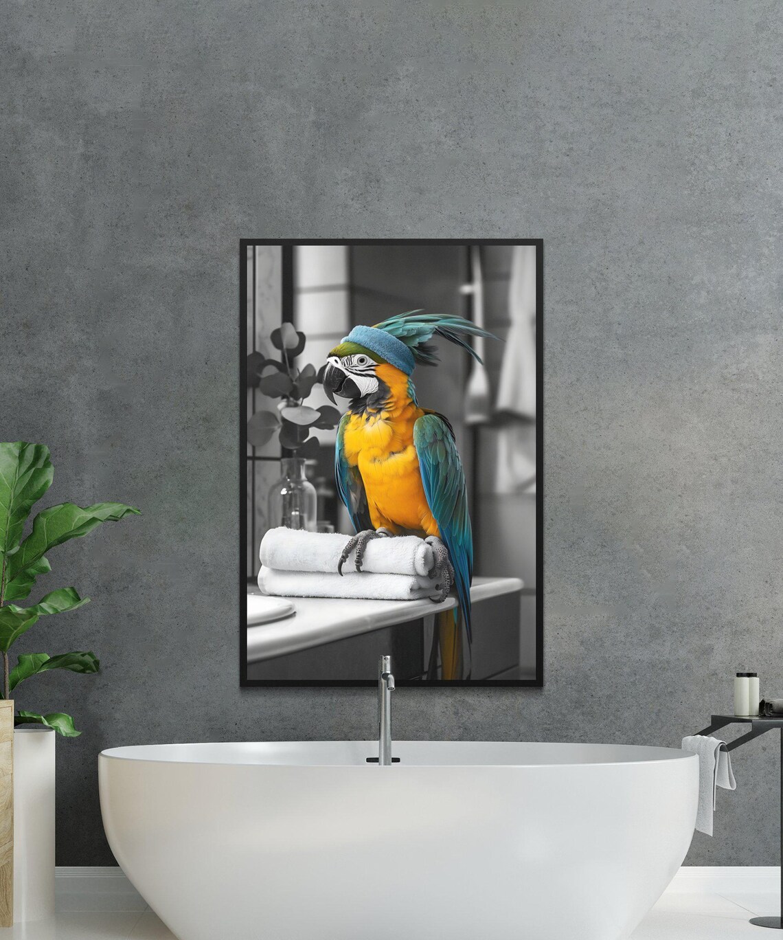 Colorful Macaw Parrot With a Towel Turban on Bathroom Towels Poster - Image 2
