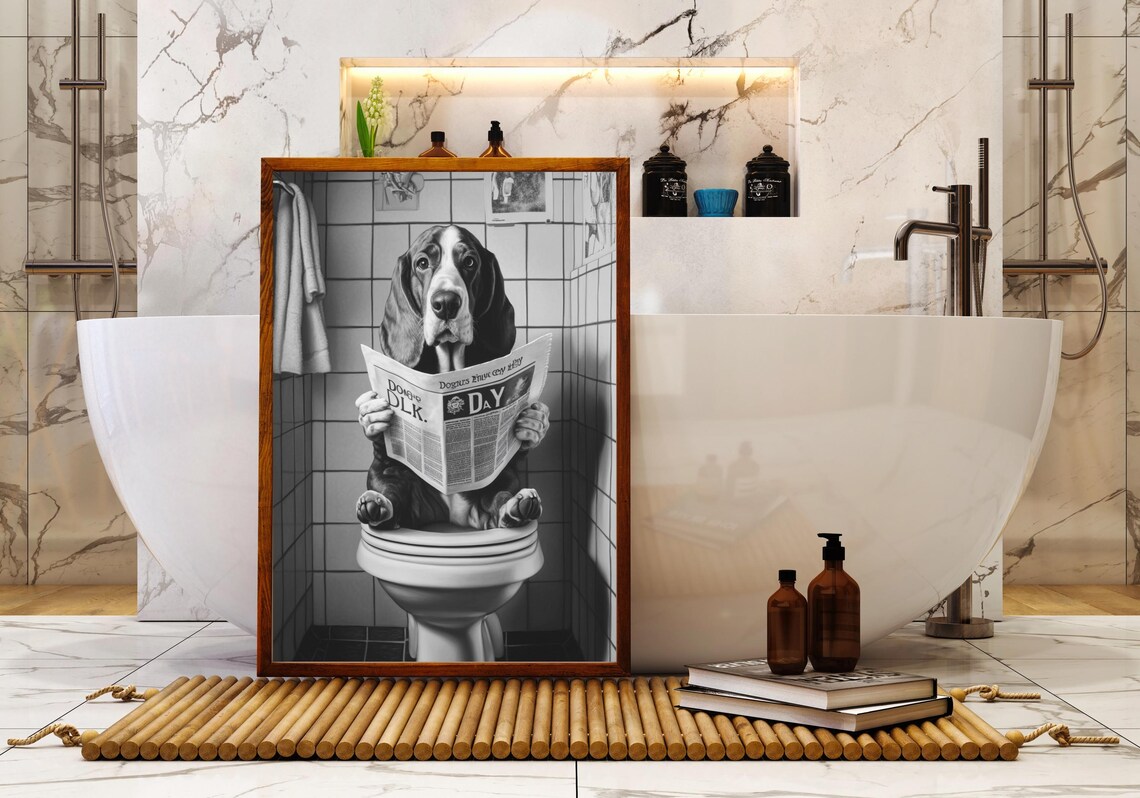 Basset Hound Reading Newspaper On Toilet Black And White Poster - Image 4
