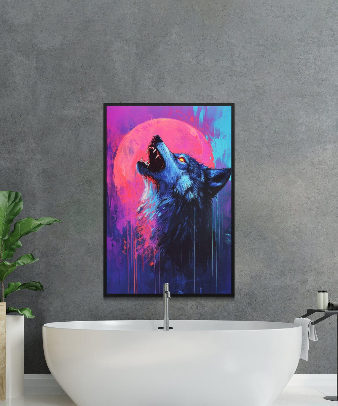 Howling Wolf Under Giant Pink Moon Neon Night Sky Art Poster - Image 4