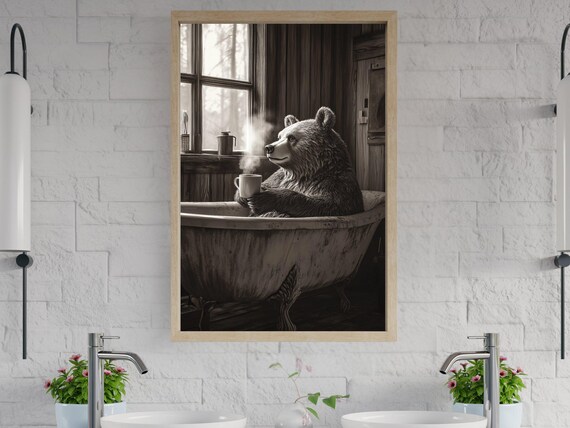 Cozy Bear Bath Sipping Coffee Rustic Cabin Morning Art Print