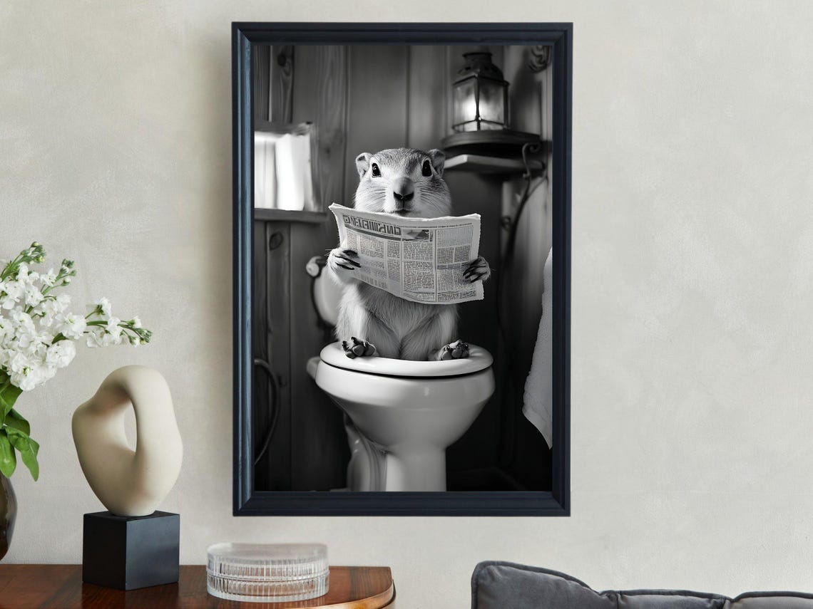 Squirrel Reading Newspaper on the Toilet Black and White Poster - Image 2