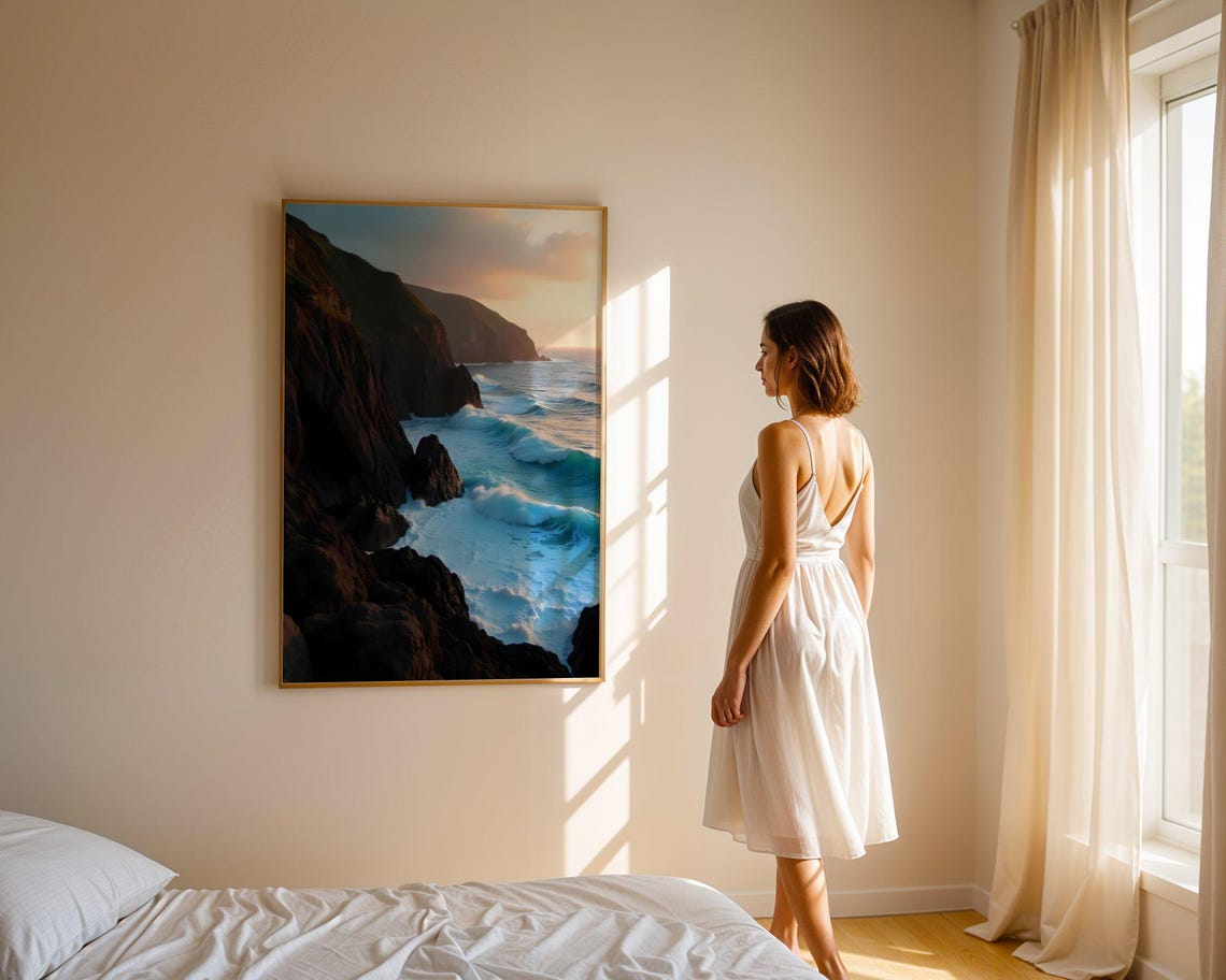 Dramatic Dark Rocky Ocean Cliffs at Sunset With Teal Waves Poster - Image 4