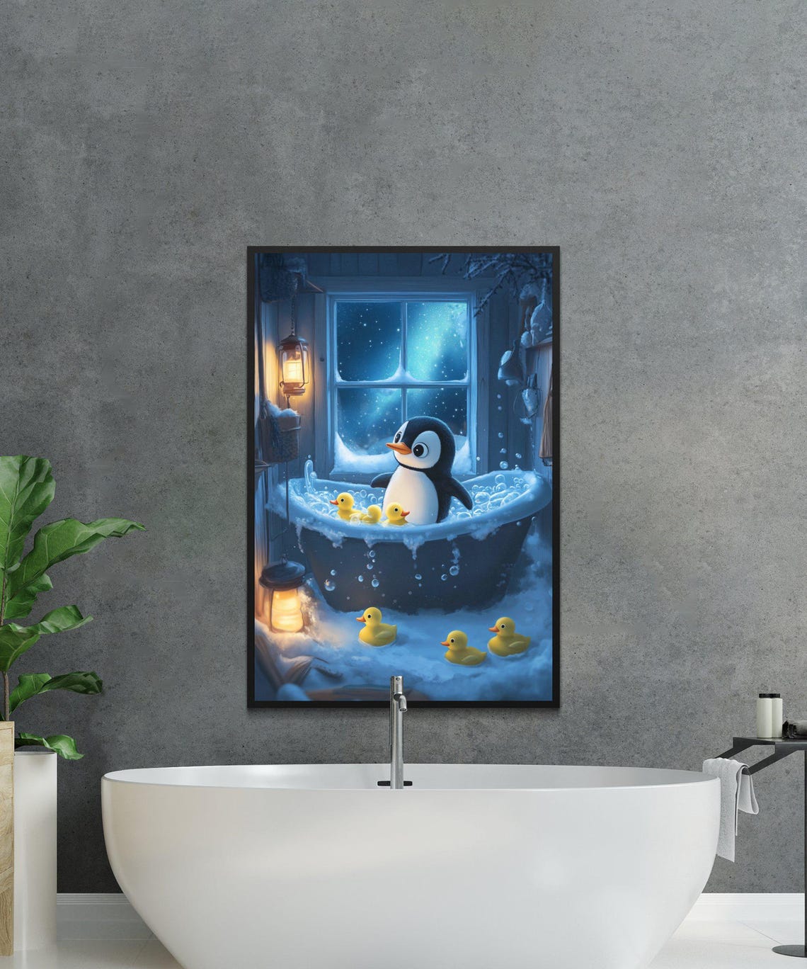 Penguin in Bubble Bath With Rubber Ducks Snowy Window Poster - Image 2