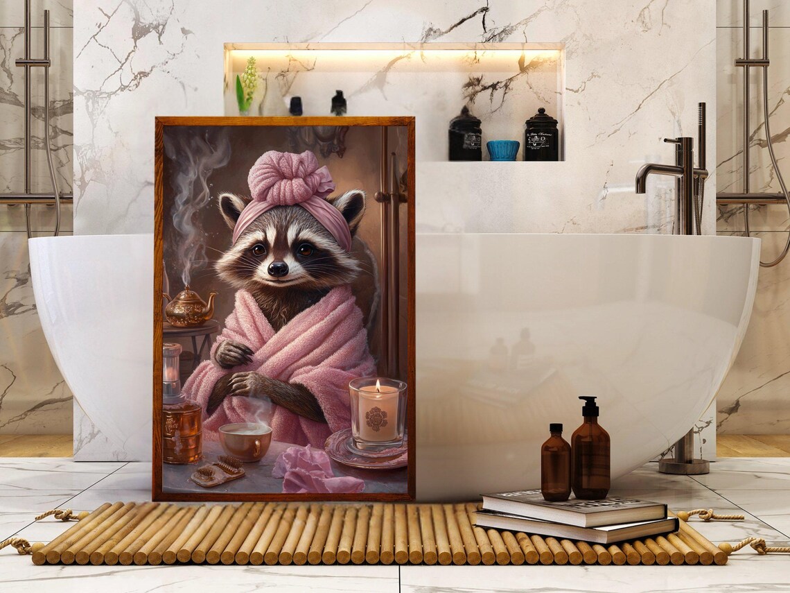 Cozy Raccoon in a Pink Robe Enjoying Tea and Candles at a Spa Poster - Image 5
