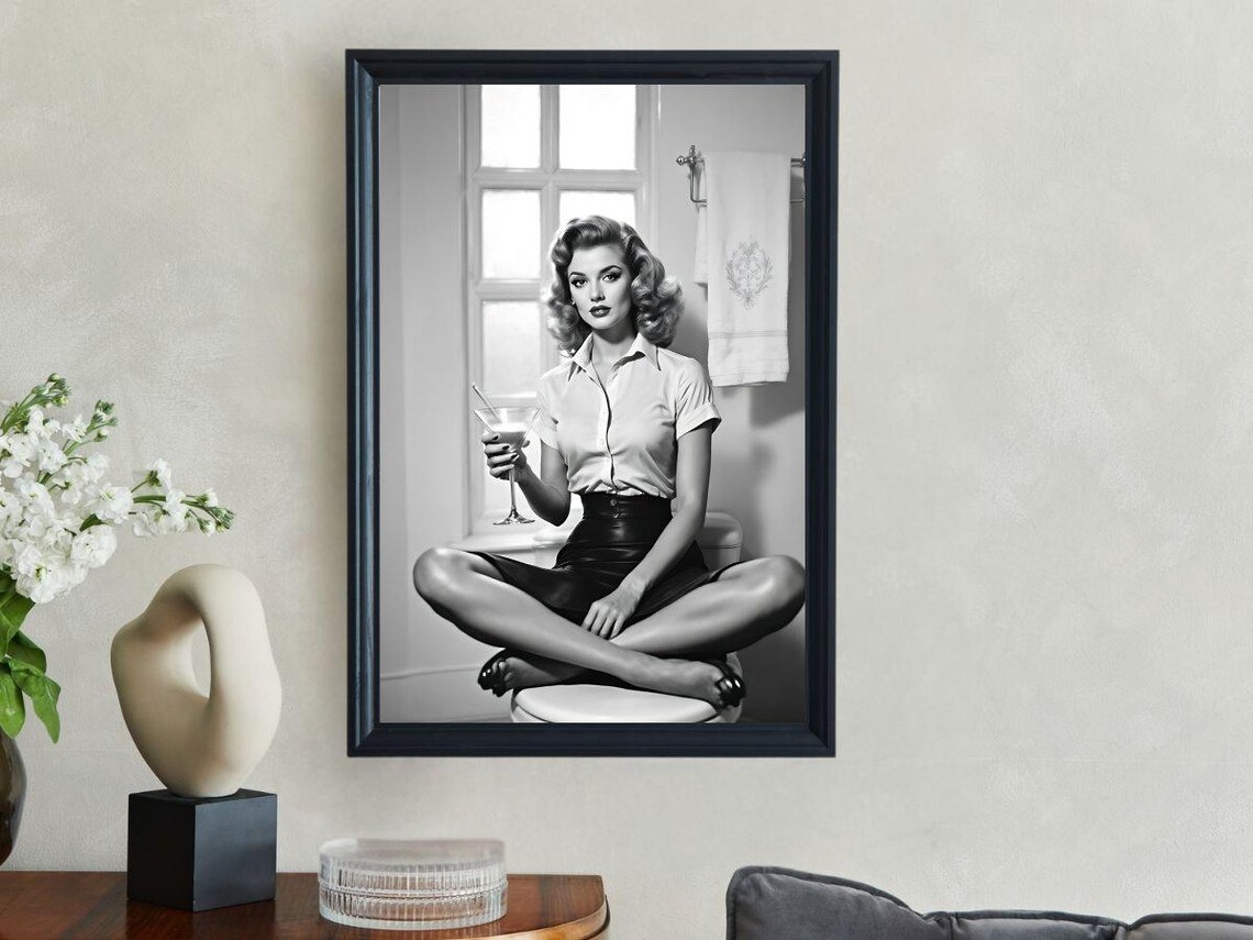 Retro Pin Up Woman With Martini Glass In Vintage Bathroom Poster - Image 3