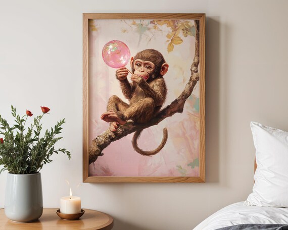Baby Monkey on Branch Blowing Pink Bubblegum Bubble Art Poster