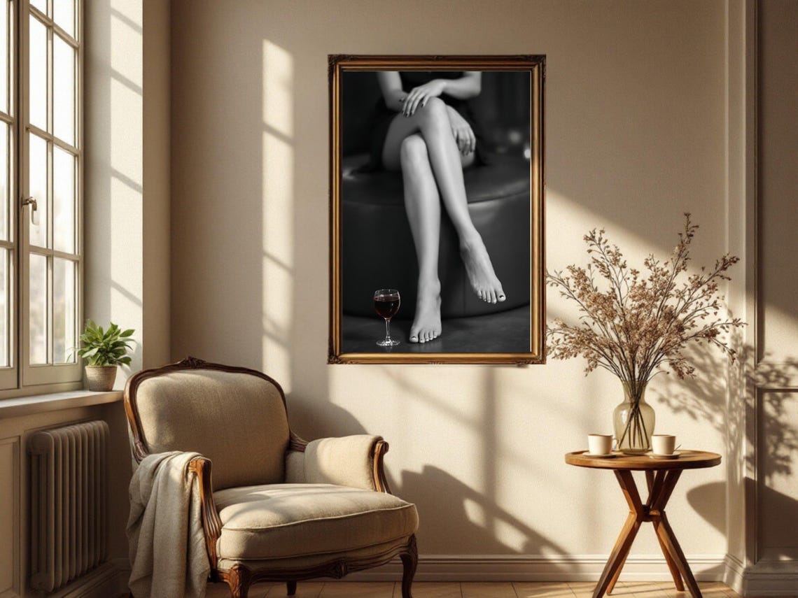 Barefoot Woman's Crossed Legs with Glass of Red Wine, B&W Poster - Image 5