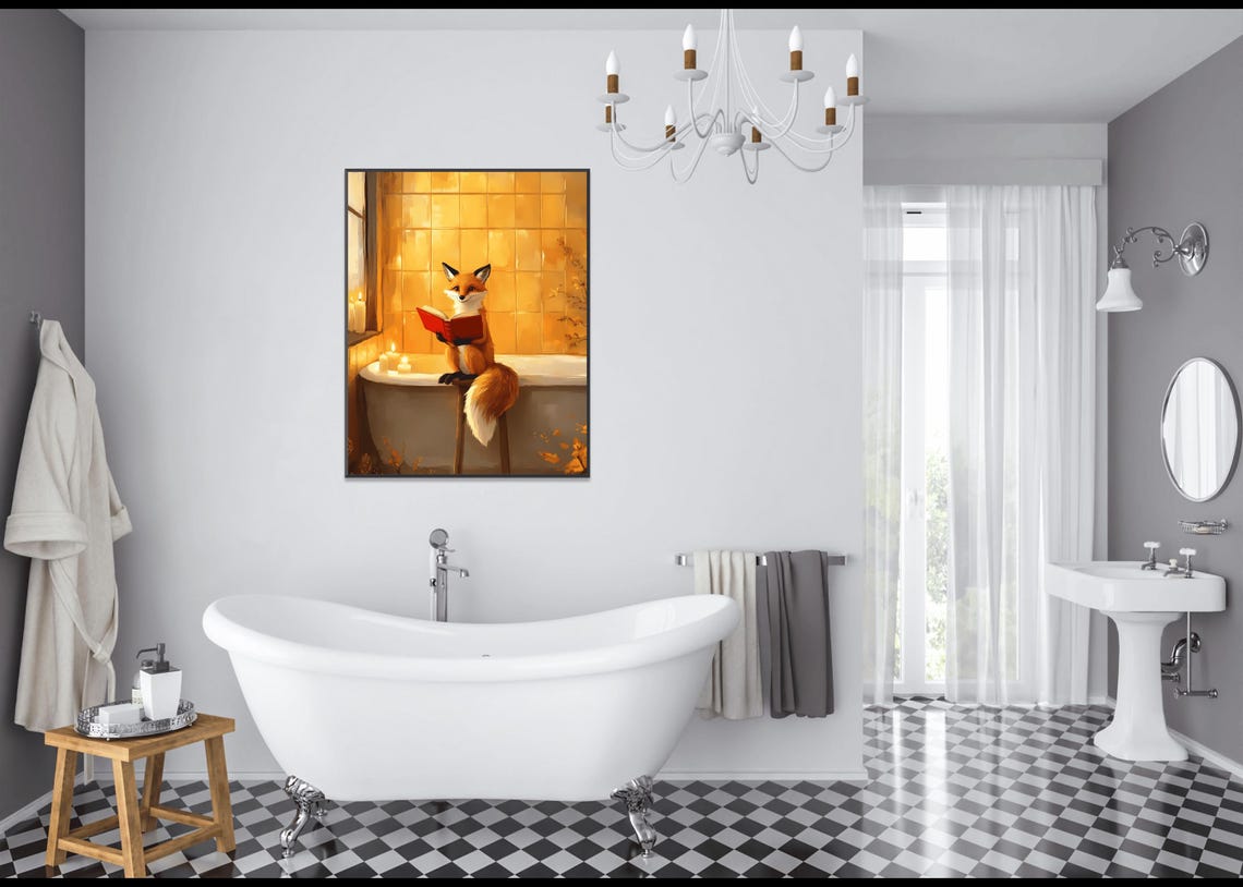 Orange Fox Reading Book Sitting On Bathtub Edge Warm Bathroom Poster - Image 2