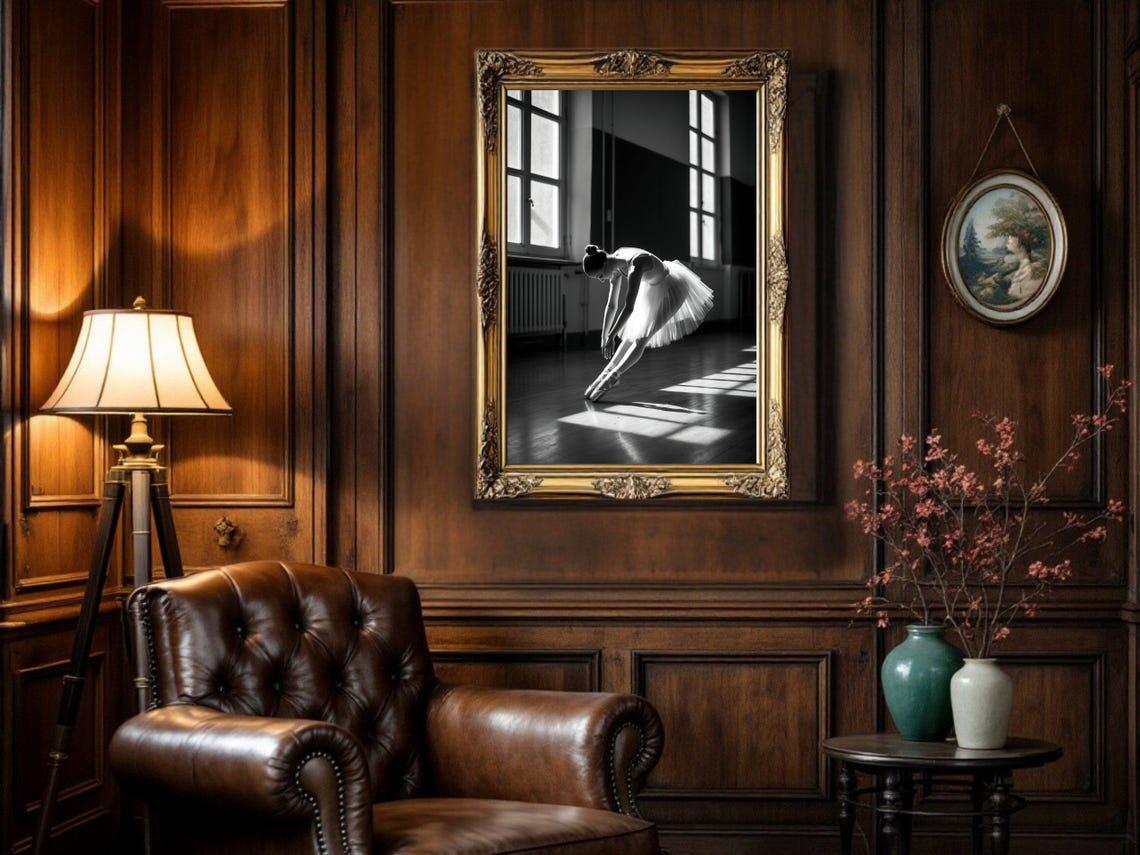 Ballerina in Tutu Rehearsing in Sunlit Studio, Black and White Poster - Image 5