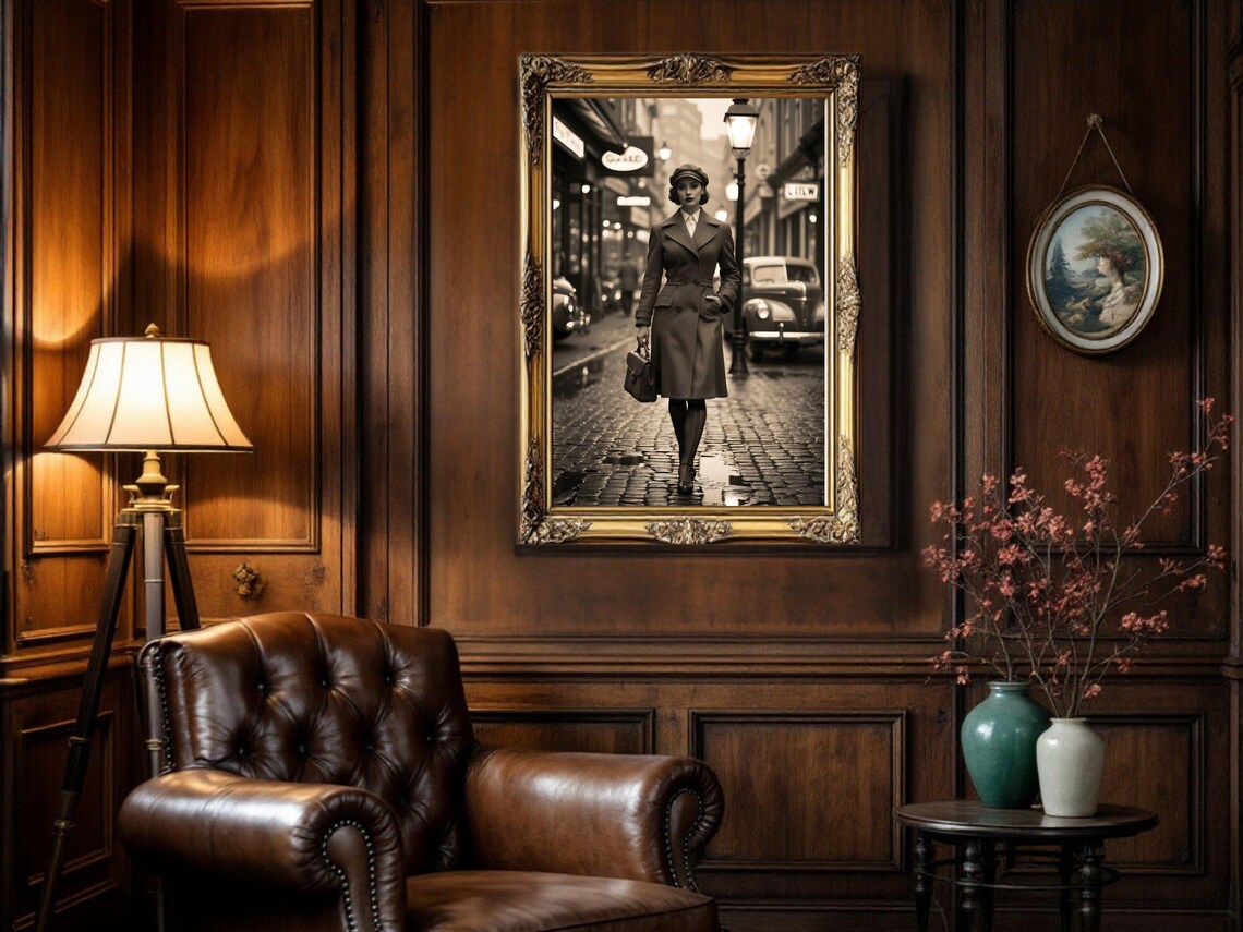 Woman In Trench Coat On A Rainy Wet Cobblestone Street Poster - Image 5
