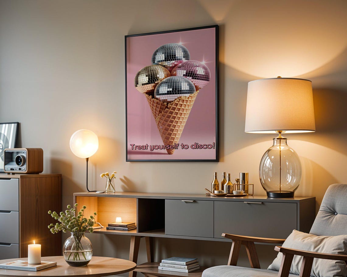 Ice Cream Cone With Disco Ball Scoops Treat Yourself Pink Poster - Image 4