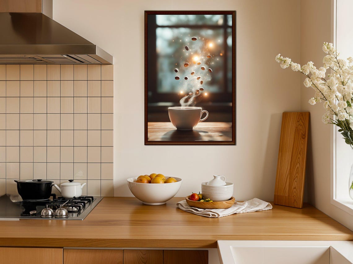 Dreamy Coffee Cup With Floating Beans Cozy Cafe Drink Poster - Image 3