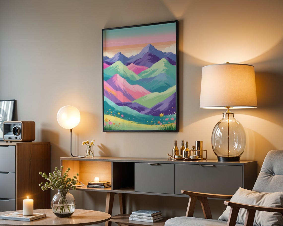 Pastel Rainbow Mountain Landscape Colorful Peaks Meadow Art Print - Image 3
