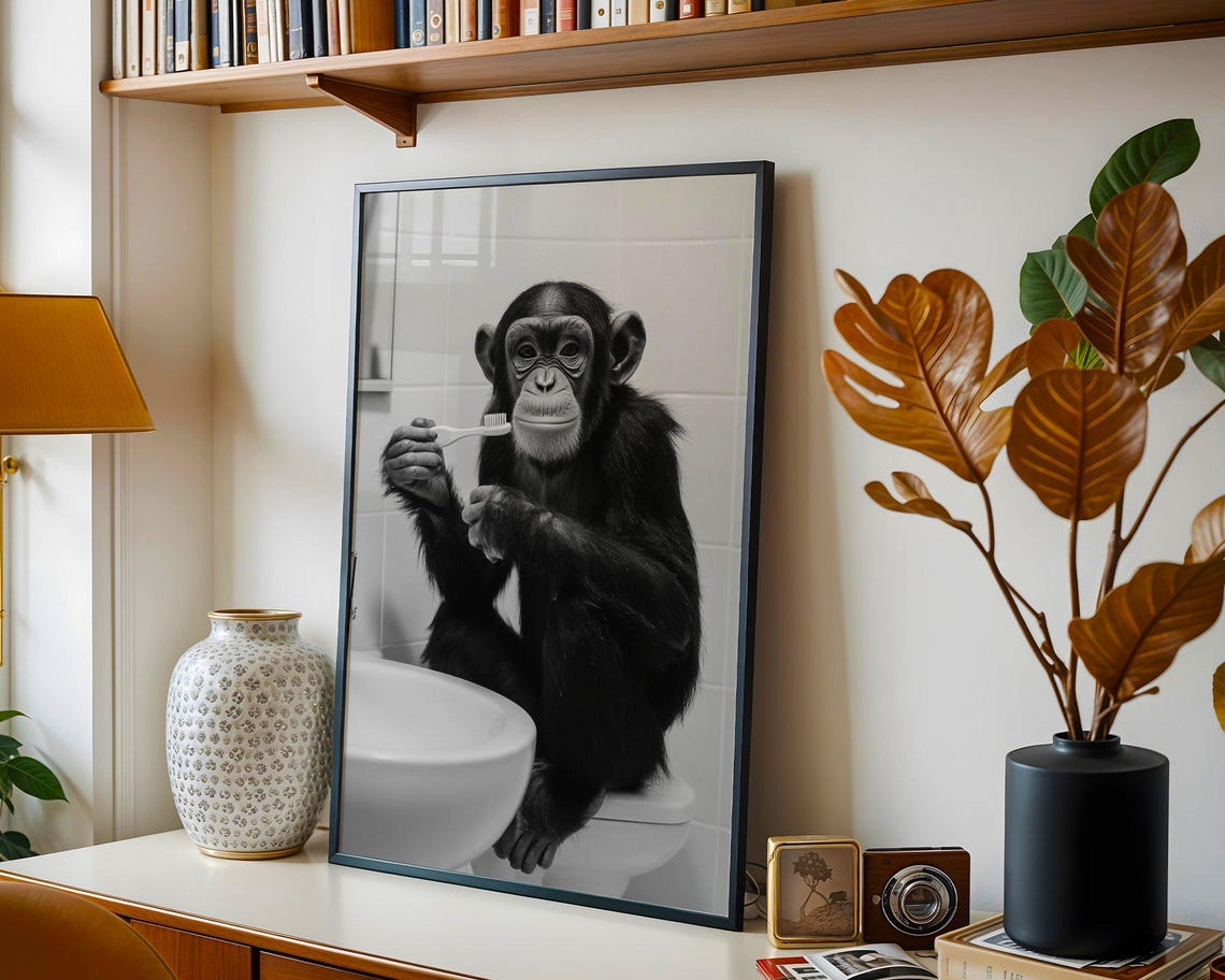 Baby Chimpanzee Brushing Its Teeth at a Bathroom Sink Photo Poster - Image 5
