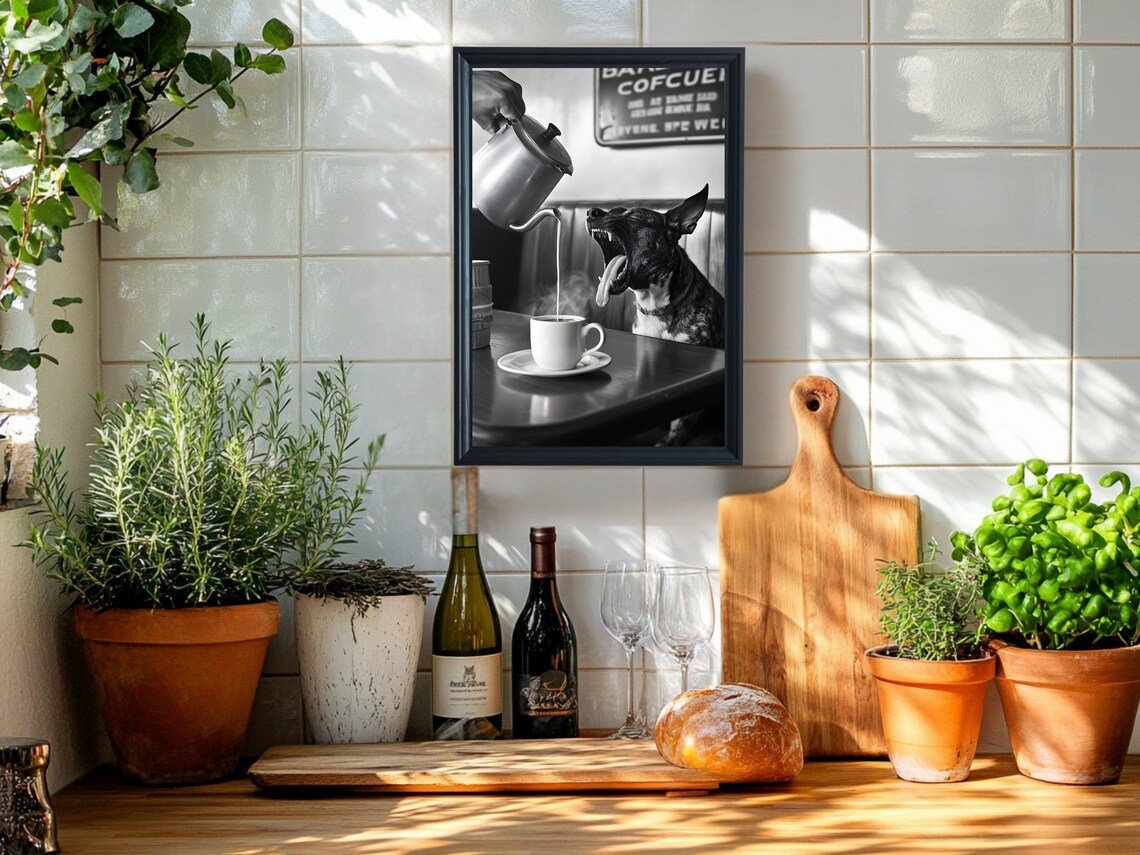 Funny Dog Yawning at the Coffee Shop Humorous Black and White Poster - Image 2